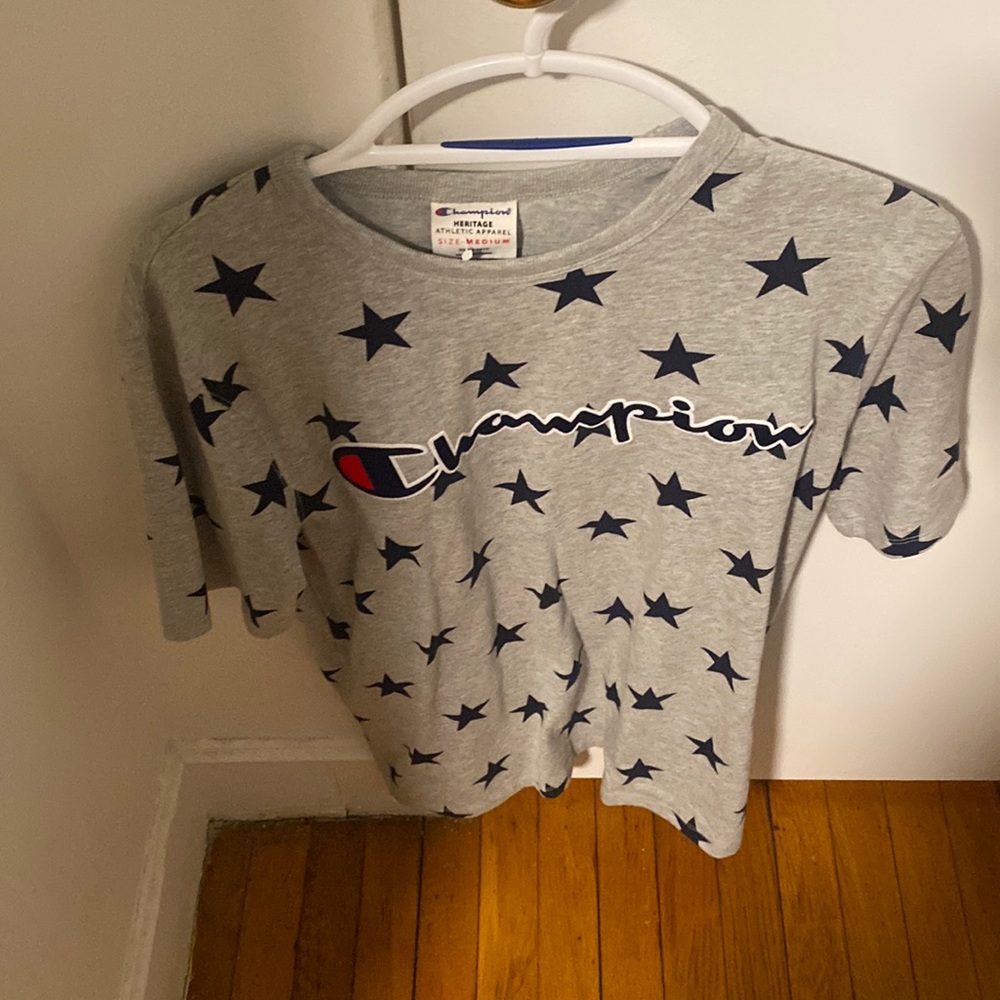 Short sleeve grey champion t shirt with navy blue stars